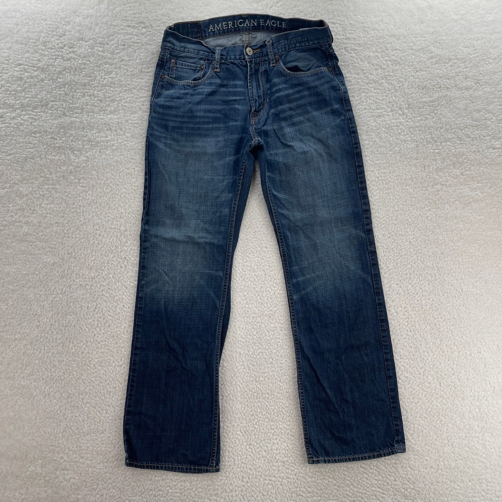 American Eagle Jeans Mens 32x34 Blue Low Rise Boot Medium Wash Whisker Grunge